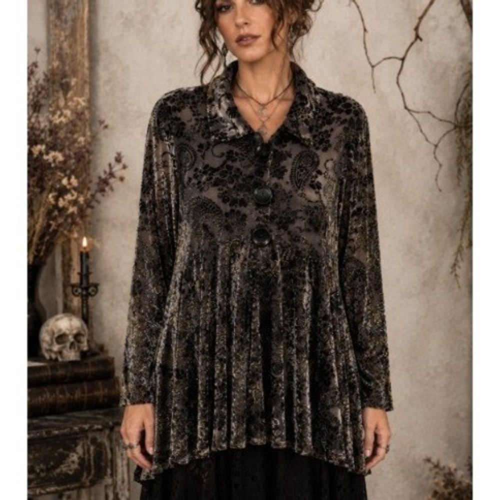 Surrealist Paisley Burnout Velvet Tunic Top L Black Sheer Whimsigoth Witchy USA